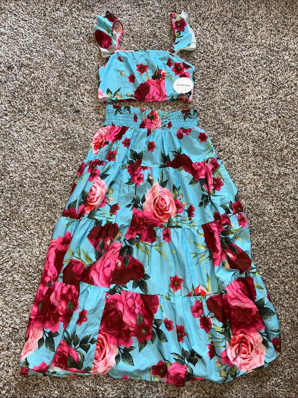 Turquoise Floral Two-Piece Crop Top and Maxi Skirt Set